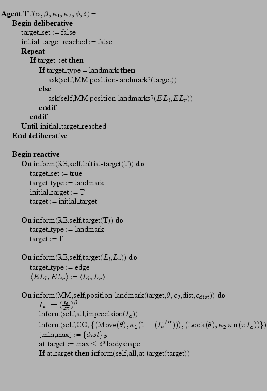 $\textstyle \parbox{10cm}{
\begin{tabbing}
\hspace{0.5cm}\=\hspace{0.4cm}\=\h...
...\textbf{then}
inform(self,all,at-target(target))  \\
\par
\end{tabbing}
}$